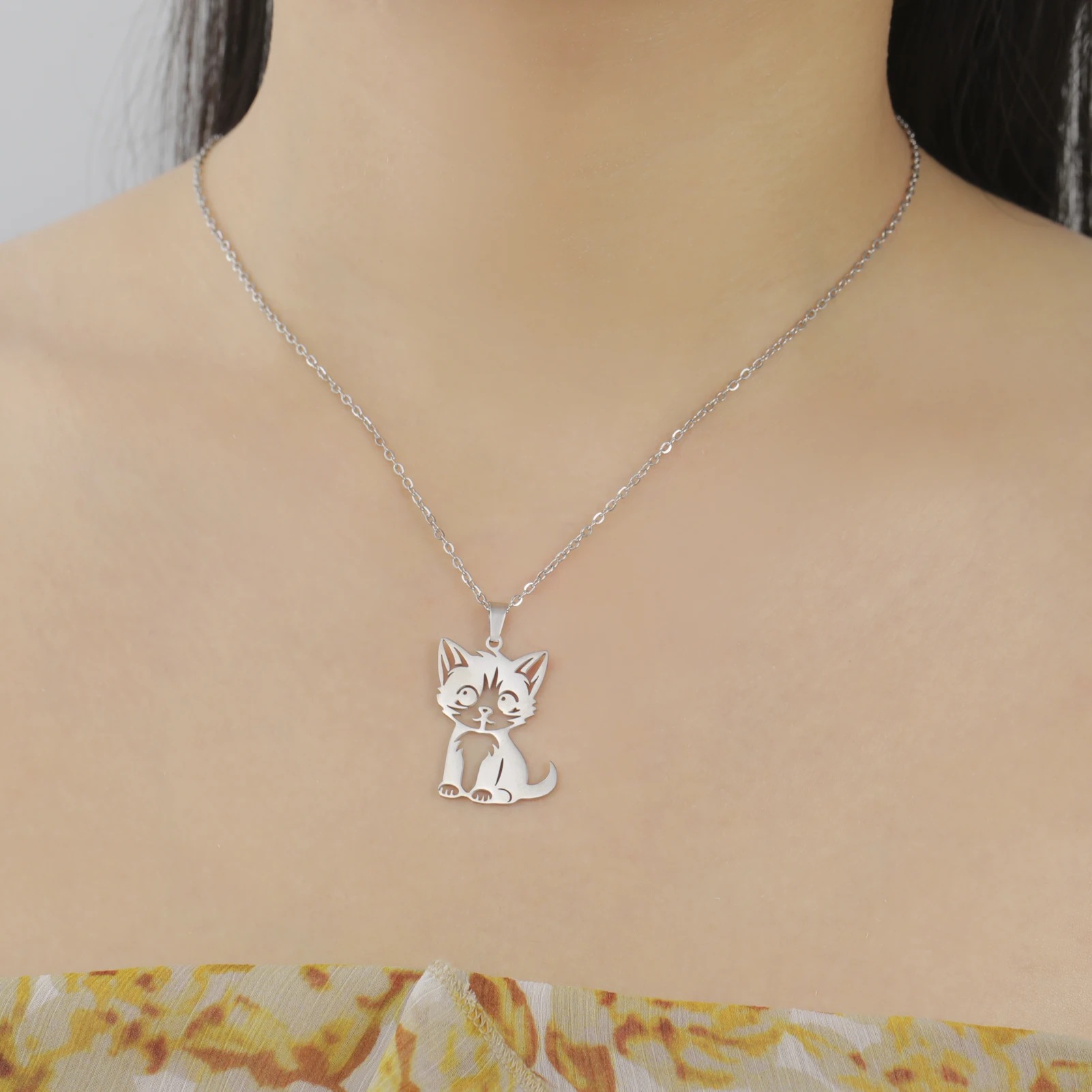 Sipuris Kitten Cat Pendant Necklace For Women Stainless Steel Kawaii Cute Animal Jewelry Christmas Gifts New Trendy