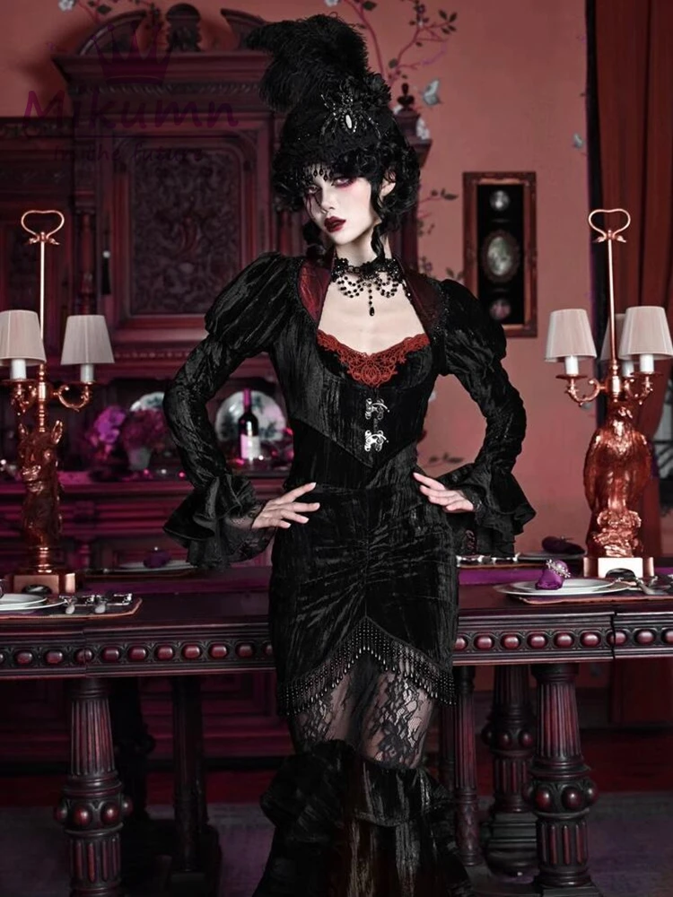 Women Gothic Black Velvet Short Jacket Vintage Spider Web Lace Turn-down Collar Puff Sleeve Victorian Coat Party Autumn