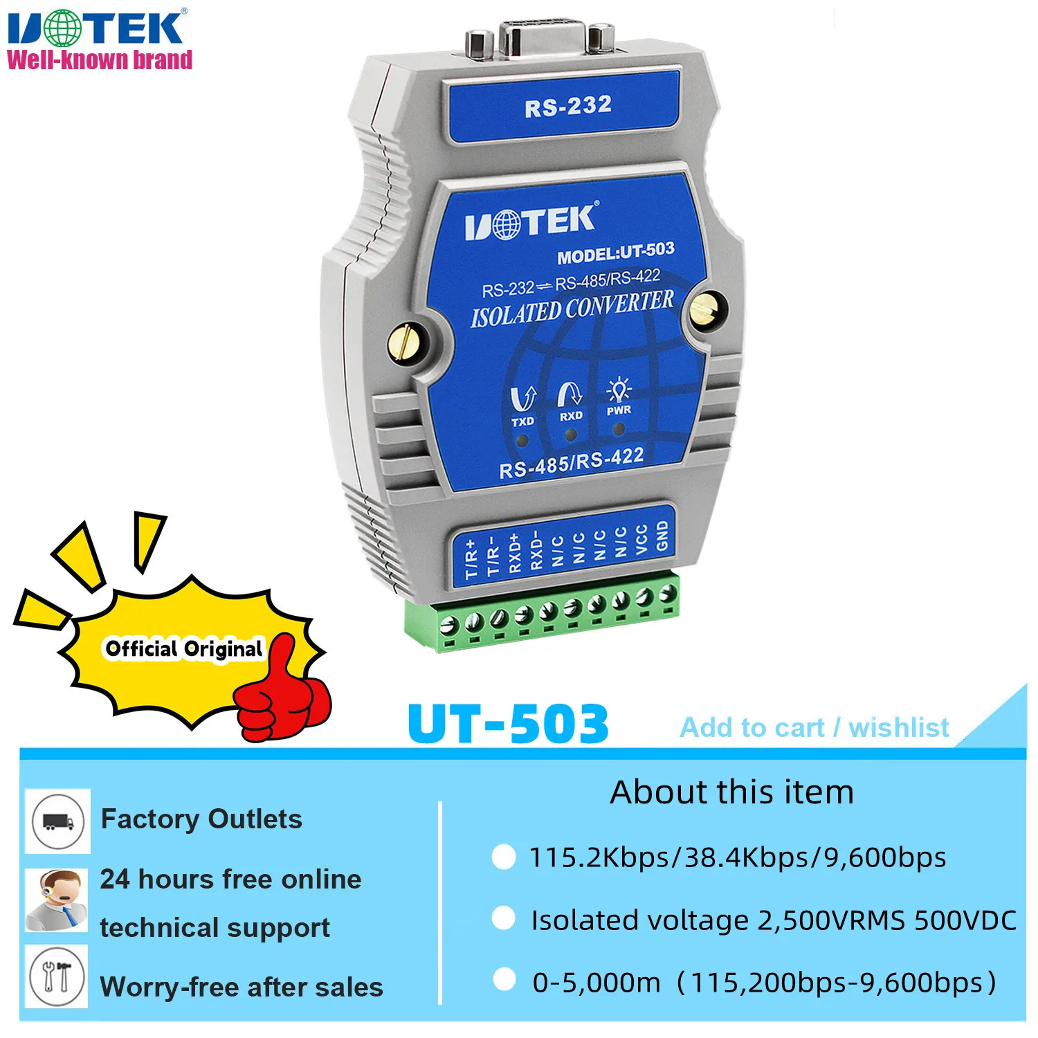 UOTEK Industrial RS-232 to RS-485 RS-422 Converter DB9 RS232 to RS485 RS422 Adapter RS 232 485 422 Connector Isolation UT-503