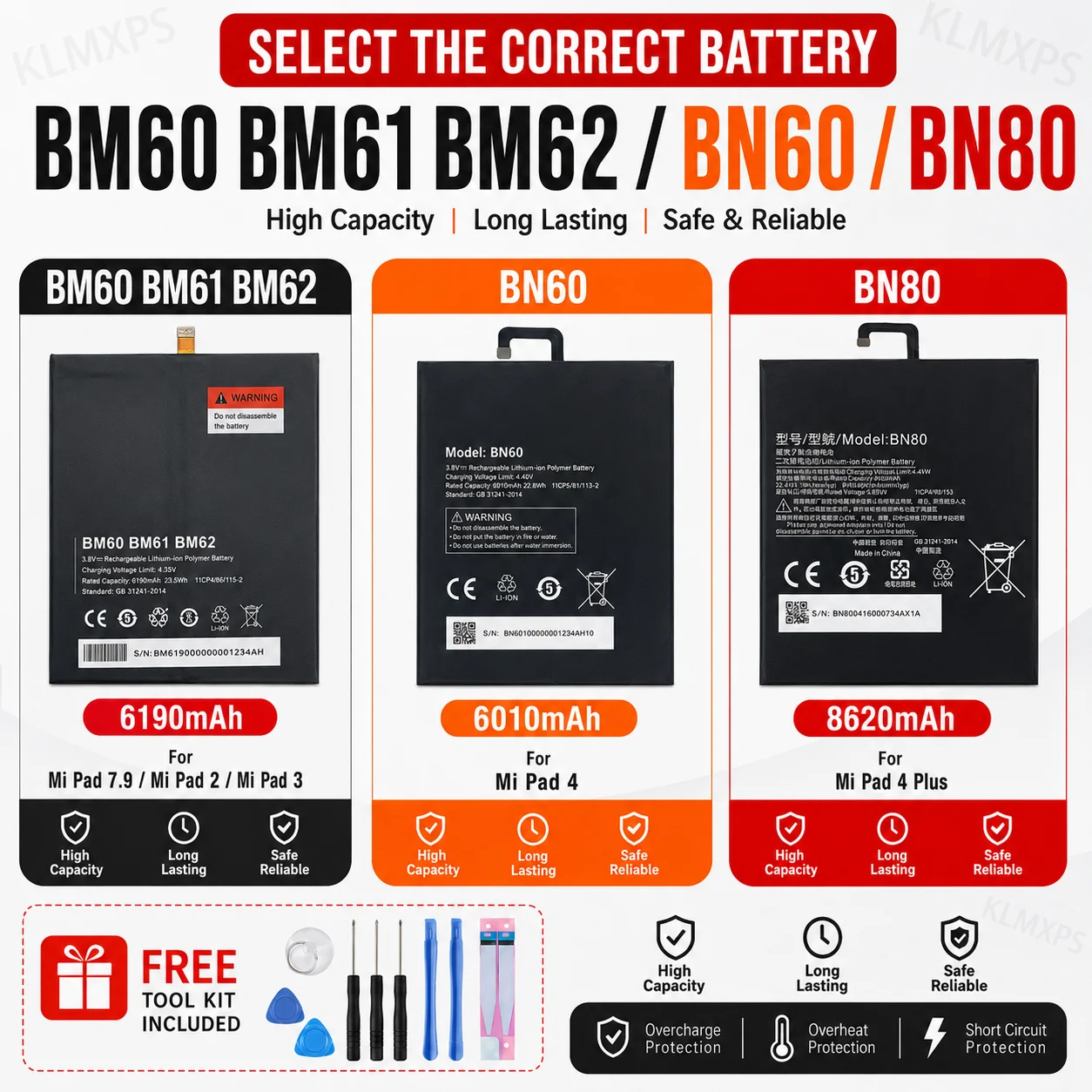 Premium Replacement Tablet Battery BM60 BM61 BM62 BN60 BN80 For Xiaomi MiPad 1 2 3 4 4Plus Repair Bateria With Free Tool Kit