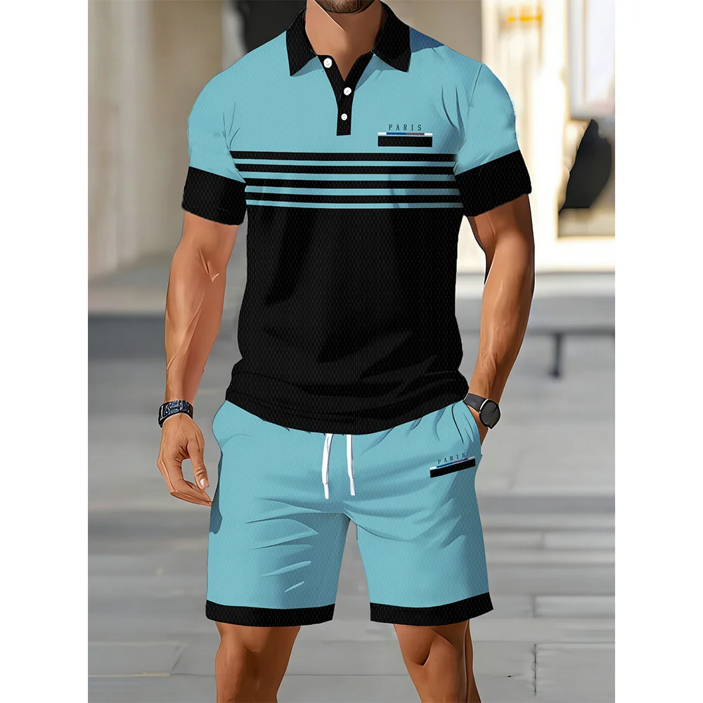 

European and American Men's Summer Fashion Striped Print Comfortable Breathable POLO Set Outdoor Urban Casual Top
