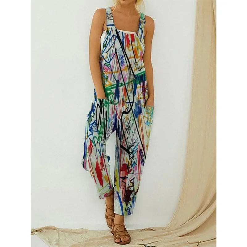 Women's Shoulder Strap Large Jumpsuit 2024 Summer New Fashionable and Elegant Women's Wear Retro Abstract Print