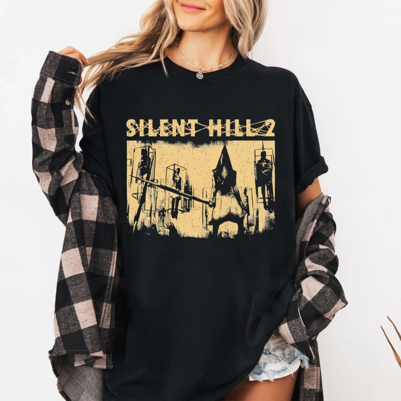 Letnia Wyprzedaż: Koszulka Silent Hill 2: Unisex Koszulka z Pyramid Head w Stylu Retro, Damska Koszulka z Krótkim Rękawem i Okrągłym Dekoltem