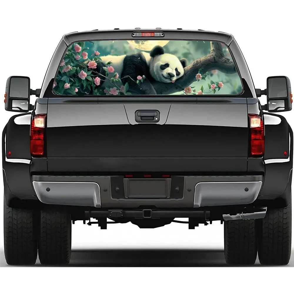 

Moonlit Panda Perching on Branch ПВХ перфорированные автомобильные виниловые обертывания, конструкция улучшения конфиденциальности для заднего окна, заднее лобовое стекло автомобиля S