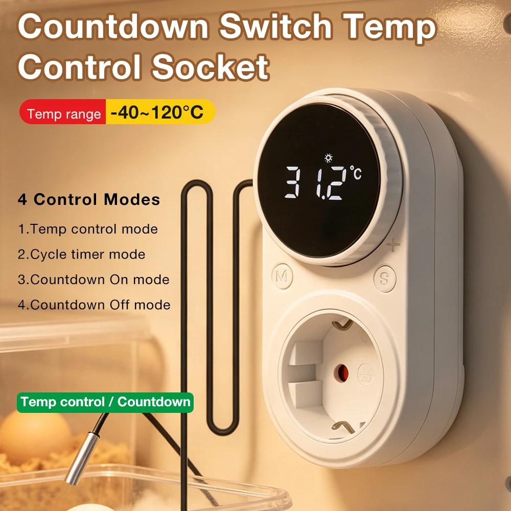 Tomada Termostática EU 16A 230V com Sensor de Temperatura, Botão de Termostato, Controlador de Temperatura, Temporizador e Interruptor de Contagem Regressiva