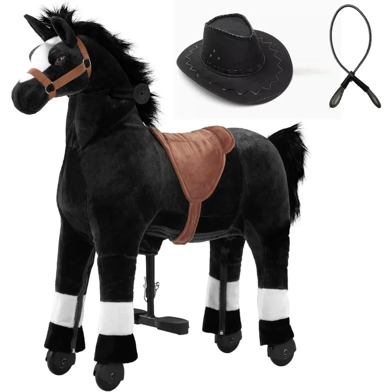Passeio de cavalo para crianças com rédeas e chapéu de cowboy (altura de 35,43 '') Passeio de cavalo de pelúcia animal andando, carga máxima 165LBS