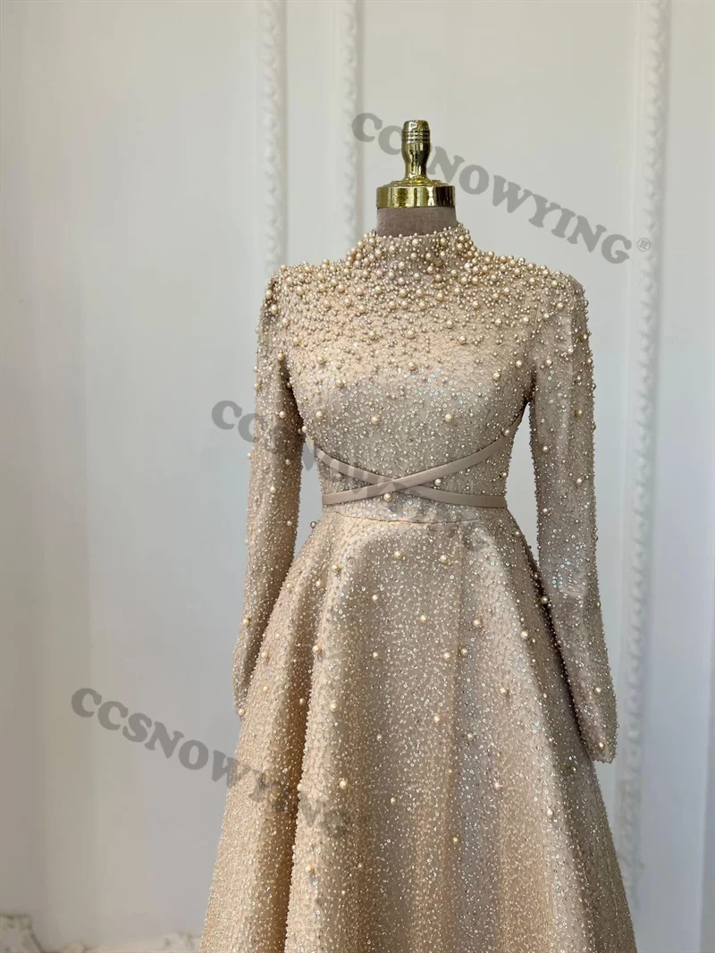 Abiti da sera musulmani con paillettes scintillanti in rilievo Manica lunga Hijab Abito da festa formale islamico Arabo Dubai Donna Robe De Soiree