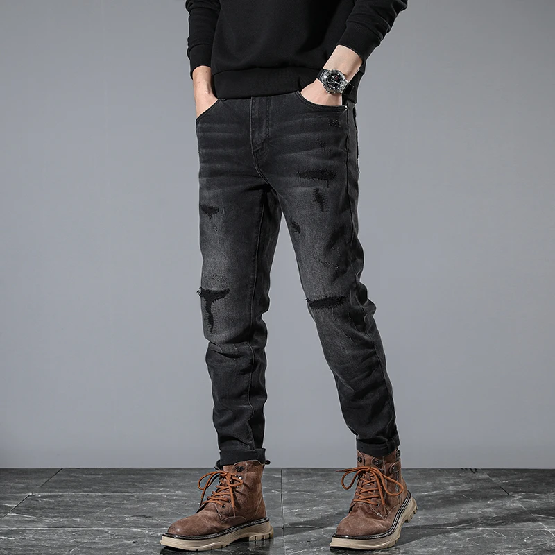 

JXNS95 High-end light luxury hole patched black jeans men's high-street American black grey Slim plump handsome scrape