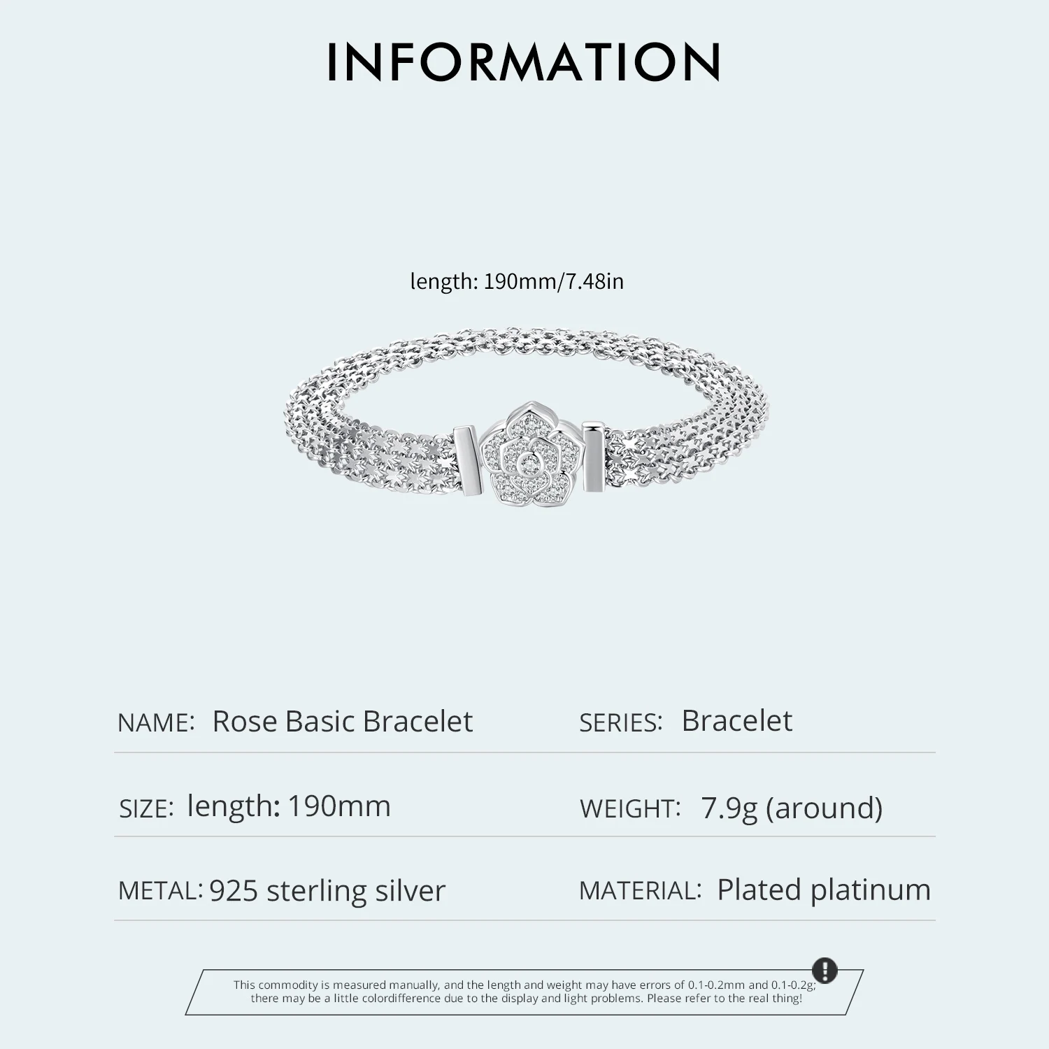 WOSTU Original 925 Sterling Silver Rose Basic Bracelet Flat Chain Bangle Sparkling Zirconia Flower Charm for Women Birthday Gift