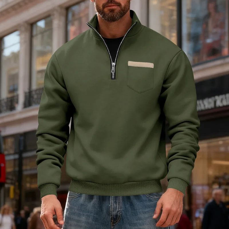 2025 cross-border autumn and winter men's heavy-duty velvet simple retro half-zipper stand-up collar loose casual sweater men