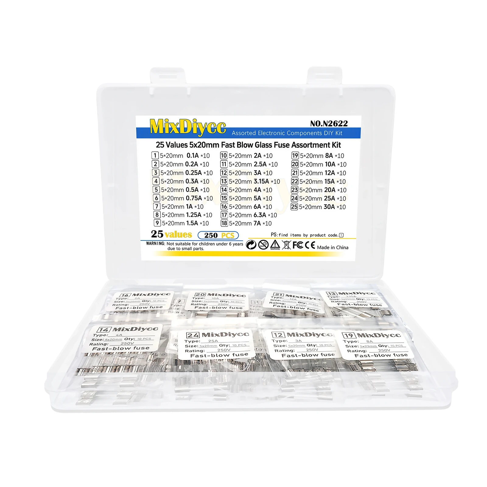 25 Values 5*20mm 250V Fast Blow Glass Fuse Kit 0.1/0.2/0.3/0.5/0.75/1/1.5/2/2.5/3/4/5/6/7/8/10/12/15/20/25/30 A Total 250 Pcs