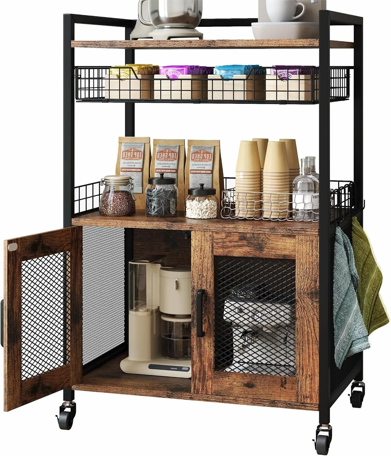 Coffee Bar Cabinet, 3 Tier Coffee Station Table on Wheels, 35.9