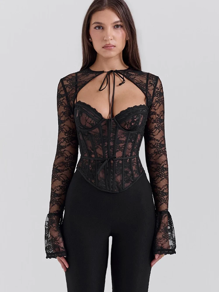 JULISSA MO Sexy See Through Lace Two Piece Sets Women Tops Long Sleeve Print Floral Tops Female Autumn Skinny Elegant Streetwear