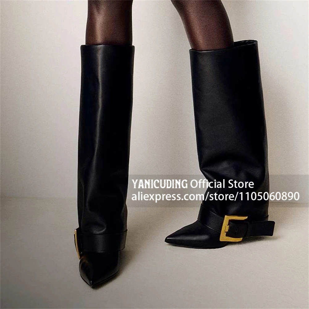 PU Leather Fold Knee High Boots Oversized Square Gold Metal Buckle Strap Knee Boots Wide Shaft Stiletto Boots for Women Custom