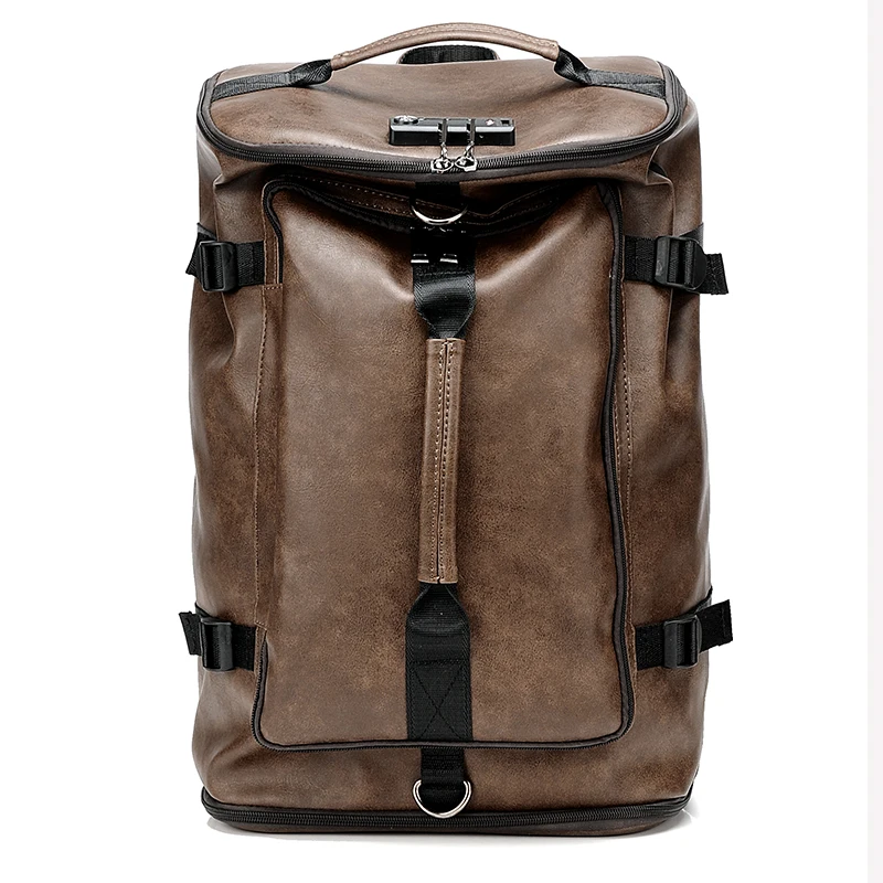 Men's PU Leather USB Charging Backpack Large Capacity Travel Laptop Backpack Students Schoolbag Anti-theft Password Packages