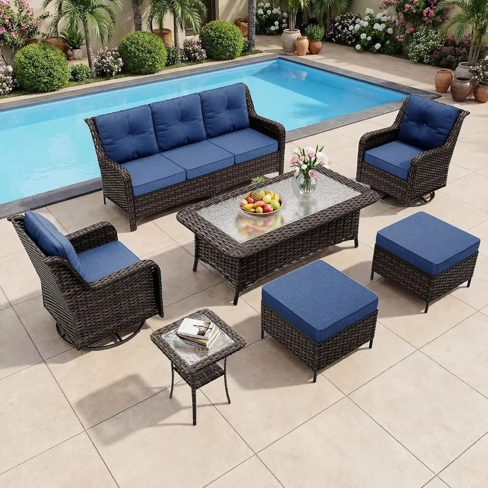 

7-Piece All-Weather Navy Blue PE Rattan Outdoor Sectional Patio Furniture Set with Ottoman and Coffee Table