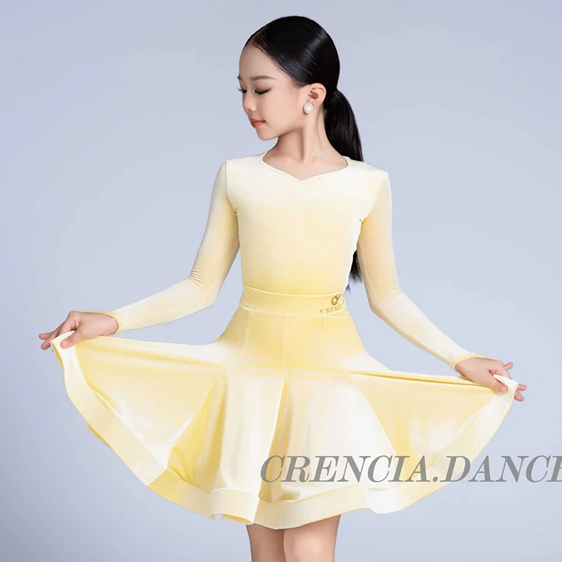 Competition Clothing National Standard Dance Practice Show Dress Light Yellow Latin Dance Dress Girls Kids Cha Cha Dance
