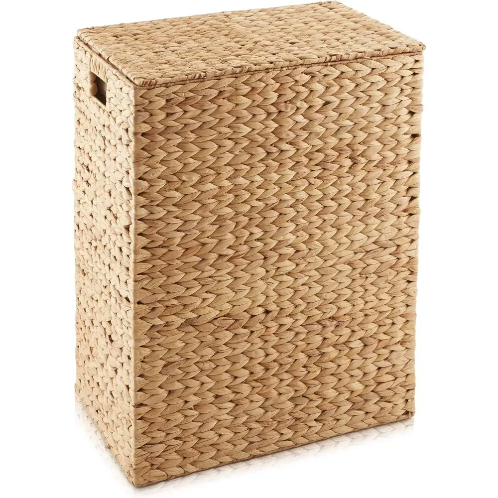 Large Laundry Hamper with Lid and Removable Liner Bag - Natural, Woven Water Hyacinth Rectangular Laundry Basket Sorter