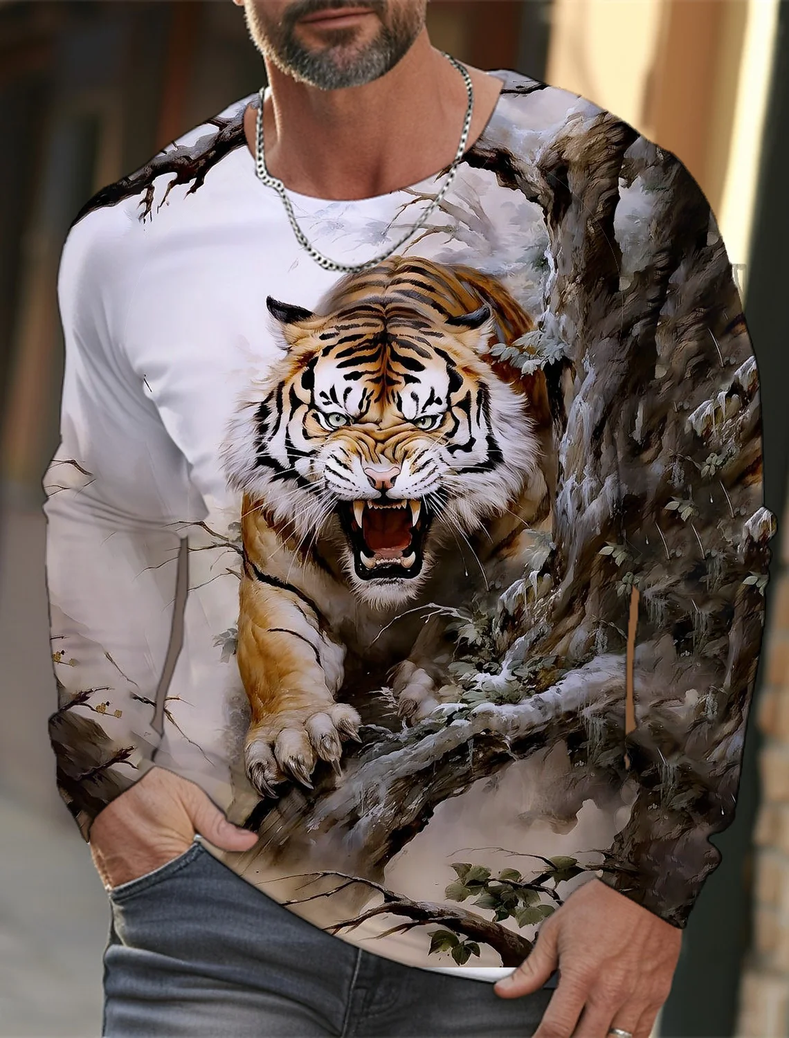 2024 New Tiger Print Pullover Autumn Winter Men\'s Casual Long Sleeve Round Neck Sweatshirt Streetwear Harajuku Men\'s Wear