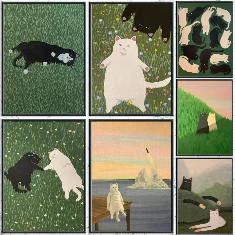 Funny Cute Lovers Cat Painting Calligraphy HD Canvas Poster Crease Free Waterproof All Space Wall Decor