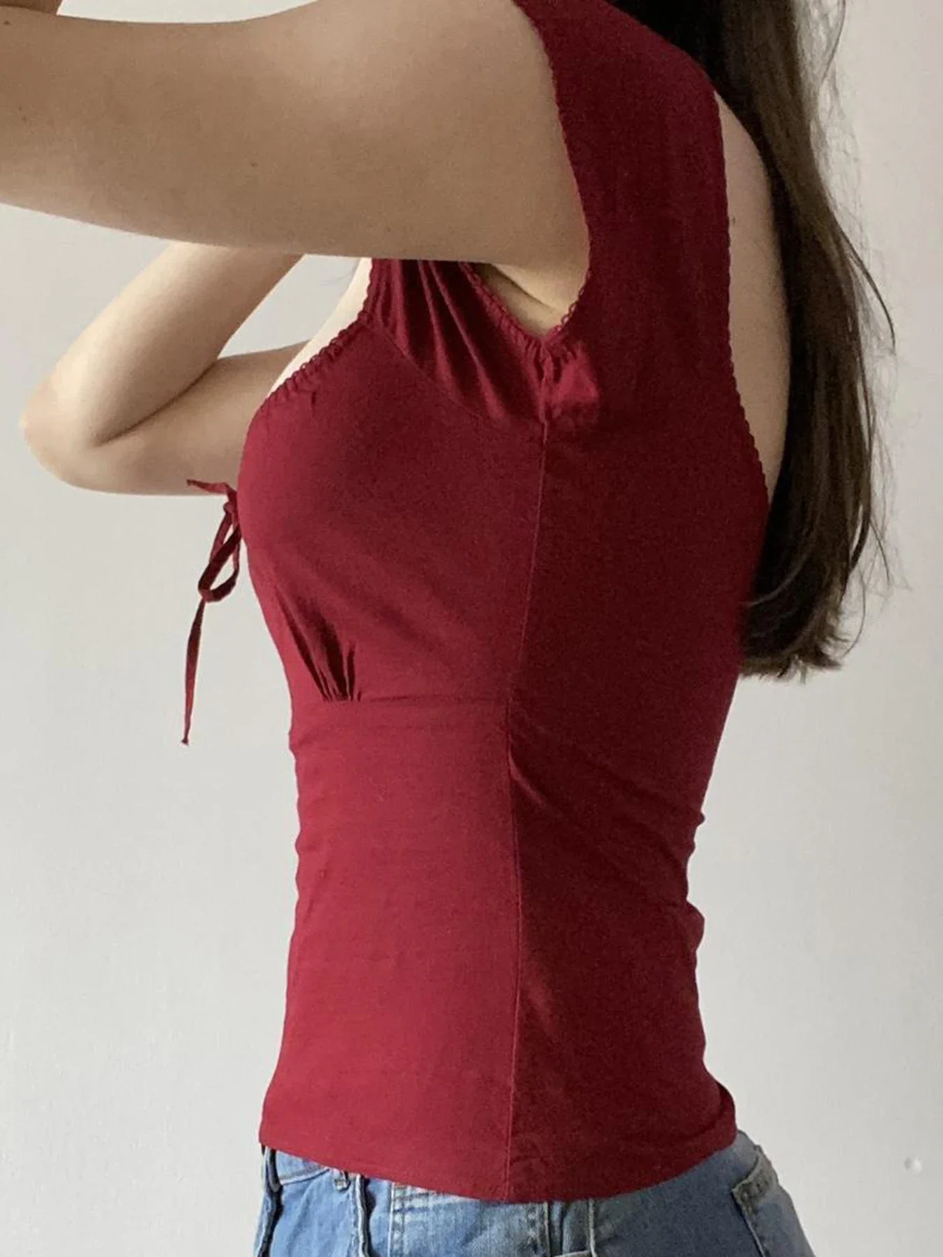 Y2K الأحمر أزياء الصلبة بسيطة الحلو النساء تي شيرت قصيرة الأكمام ضئيلة ساحة الرقبة شيك القوس السببية الأساسية البلوزات