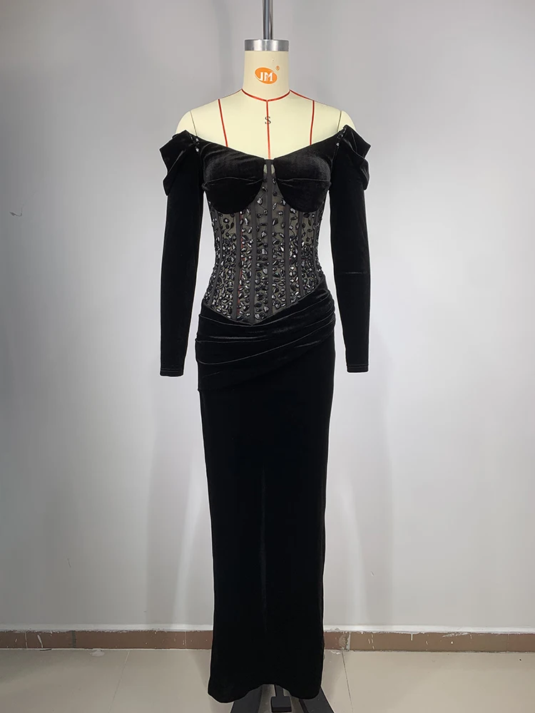 Sexy Off The Shoulder Mesh Patchwork Diamond Long Dress Women Black Velvet Long Sleeve Crystal Long Dresses Celebrity Party Gown