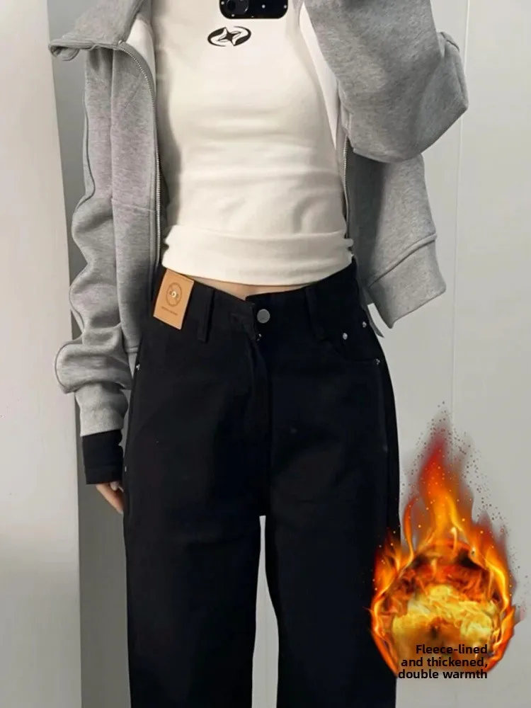 

Джинсы с высокой талией, расклешенные, женские, прямого кроя, на флисовой подкладке, брюки-клеш, осенне-зимние, больших размеров, утягивающие, в пол