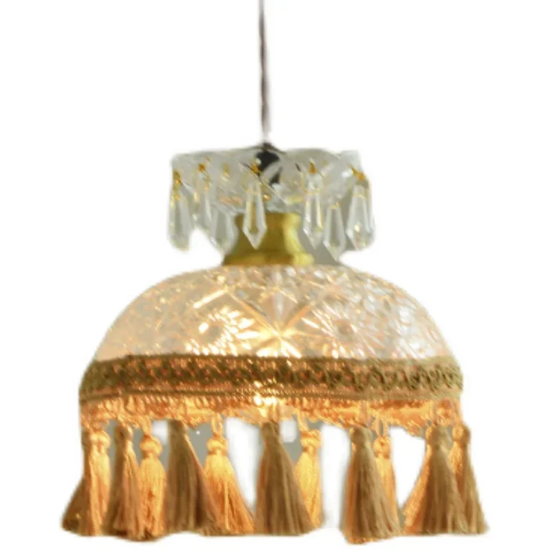 

French retro glass tassel single head small chandelier creative lamp romantic bedroom bedside lamp porch lamp