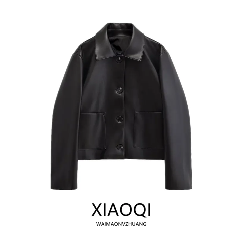 Elegant Black Leather Jacket Short Outerwear for Women Spring Autumn Season Versatile Flip Collar Commute Style Long Sleeve