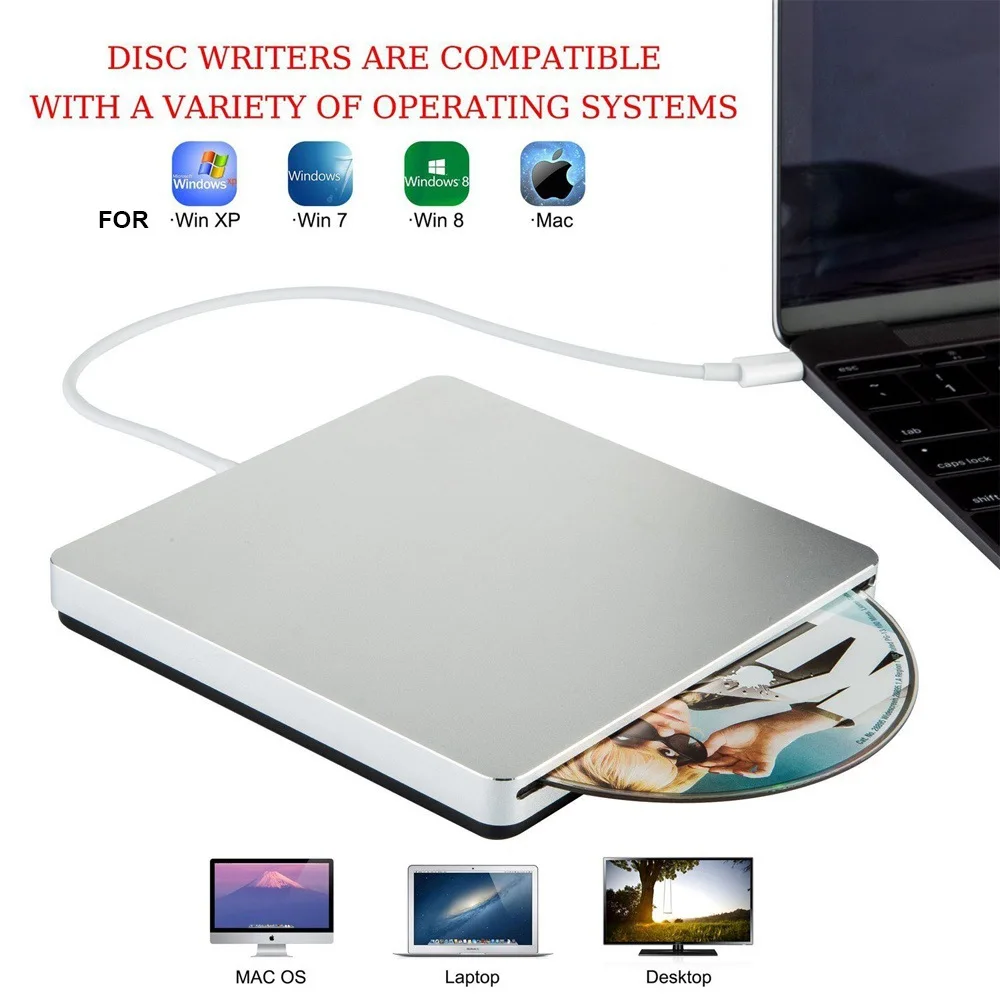 External CD DVD Drive TYPE-C 3.0  Portable Fits for DVD-R/DVD-RW Player Burner for Laptop Computer