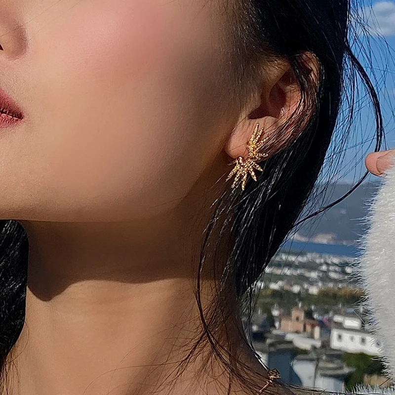 Modern Jewelry 925 Silver Needl Cool Desigh Hip Hop Metallic Gold Color Spike Earrings For Women Party Gift Accessories Hot Sale