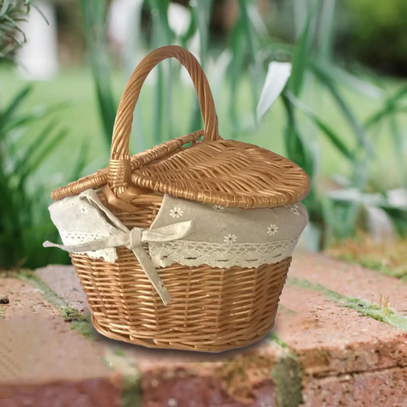 Portable Straw Wicker Basket with Handle Removable Lining Picnic Hamper for Camping Hiking Outdoor Events