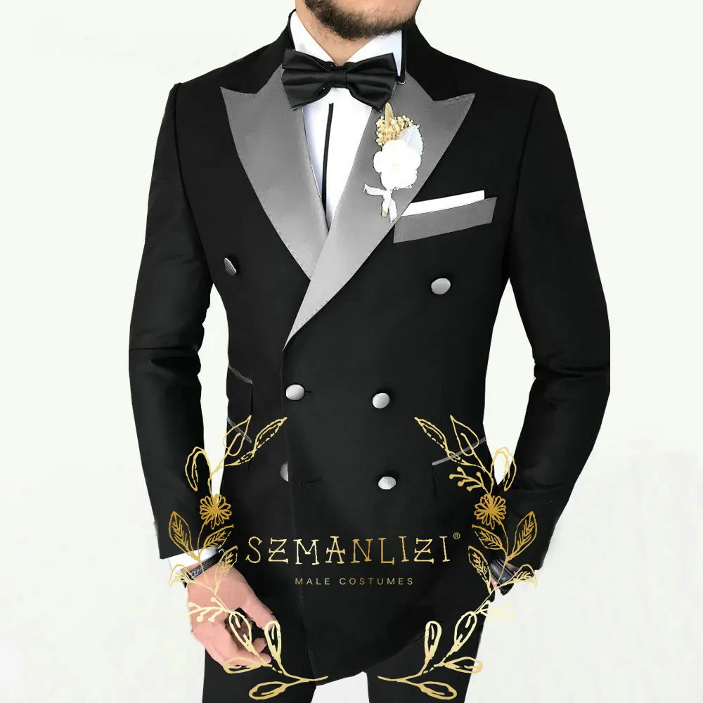 

SZMANLIZI Black Double Breasted Men Suits For Wedding Silver Lapel Groom Tuxedos Custom Made Terno Masculino Mens Suits