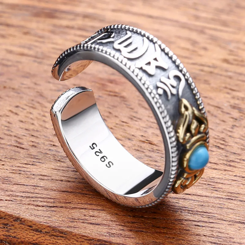 

Buyee 925 Sterling Silver Fashion Ring Finger Natural Turquois Open Ring for Women Ethnic Fine Jewelry Circle Gift