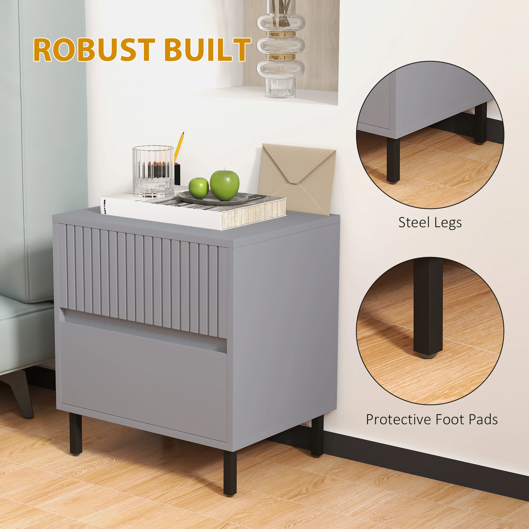 HOMCOM Bedside Table with 2 Drawers and Steel Legs for Bedroom, Grey