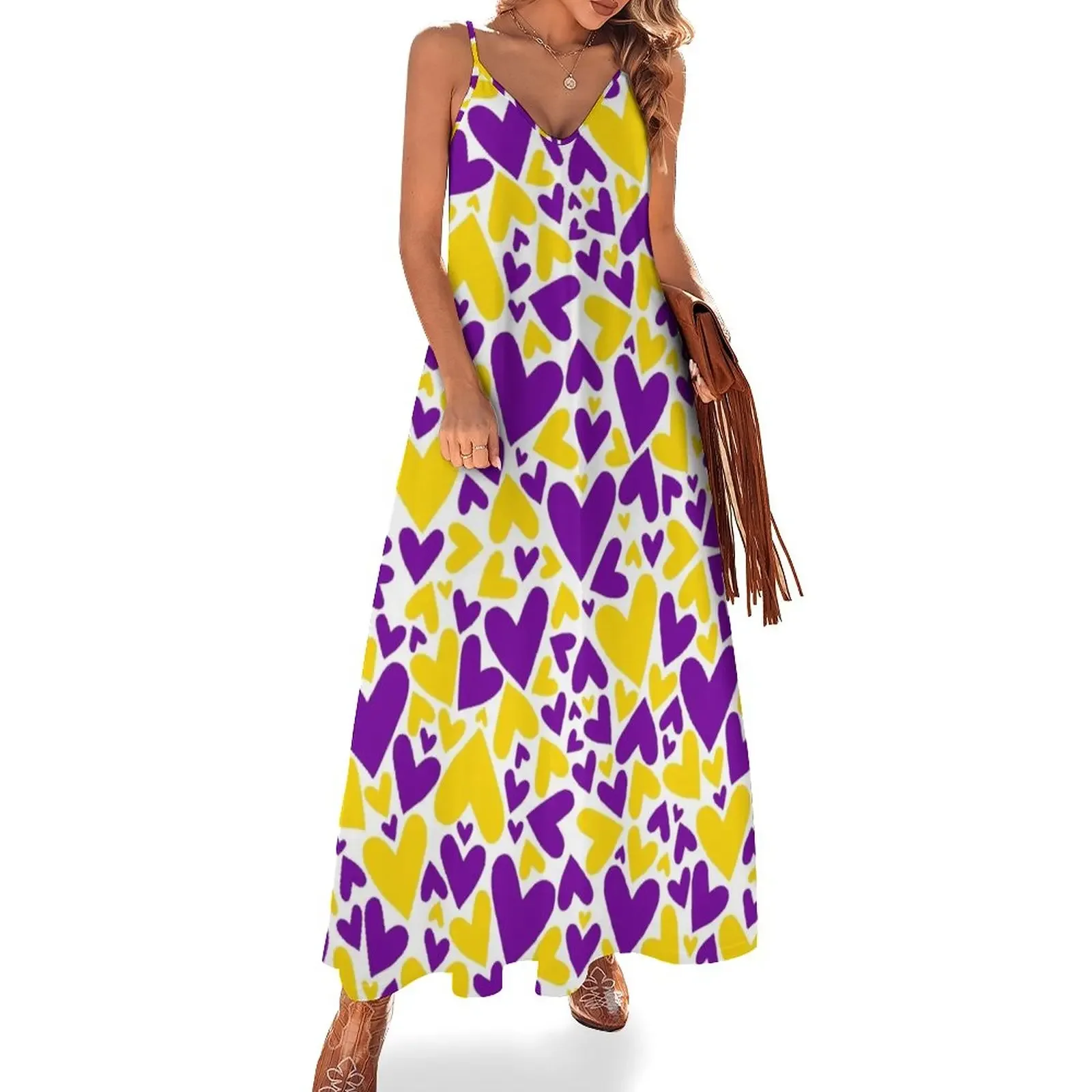 

Purple and Yellow Team Spirit Hearts Sleeveless Dress long sleeve dress Women's long dress