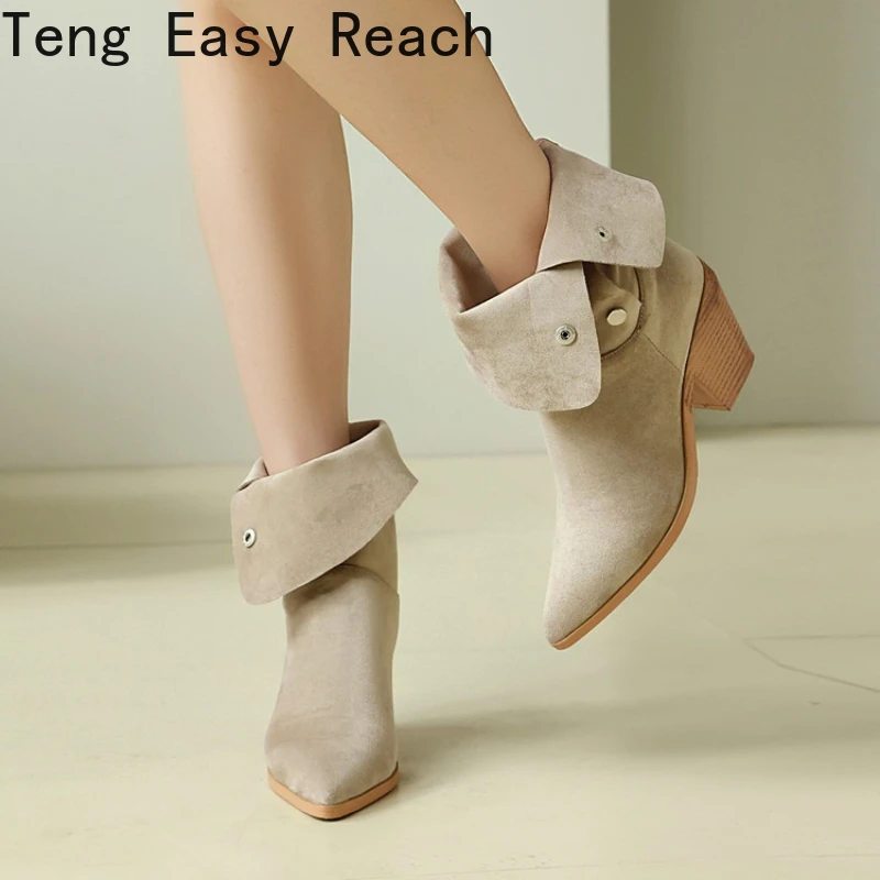 

Зимние винтажные модные складные женские ботильоны с коротким острым носком, ботильоны на квадратном низком каблуке, обувь Zapatos De Mujer