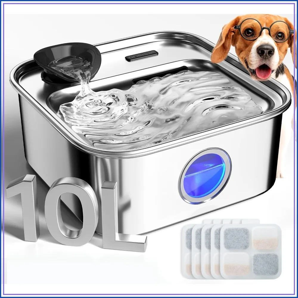 

2.6Gal/10L Stainless Steel Dog Water Fountain with Deeper Drinking Area & Washable Filter, Ultra-Quiet Pump for Small to Large Dogs, 5 Filters Included