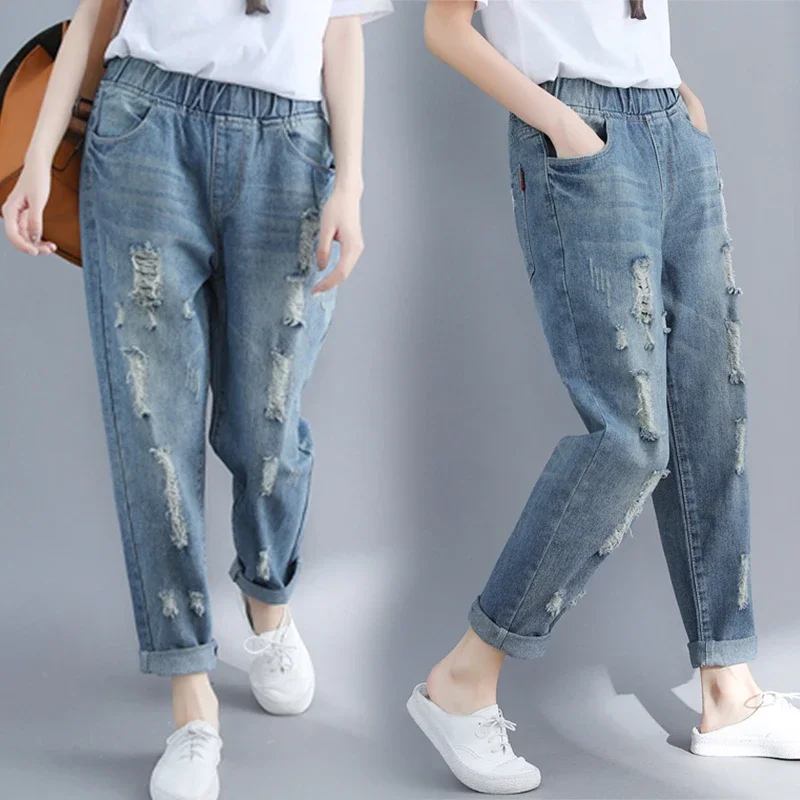 

Ripped Hole Jeans Women Spring Elastic Waist Solid Color Vintage Denim Pants Casual Loose Versatile Ankle Length Trouser Z672