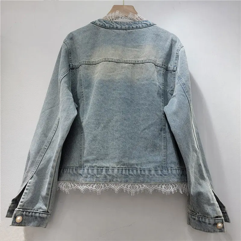 Fashion Sequins Flower Lace Patchwork Blue Short Jeans Jacket Loose Casual Round Neck Single-Breasted Long Sleeve Denim Jackets