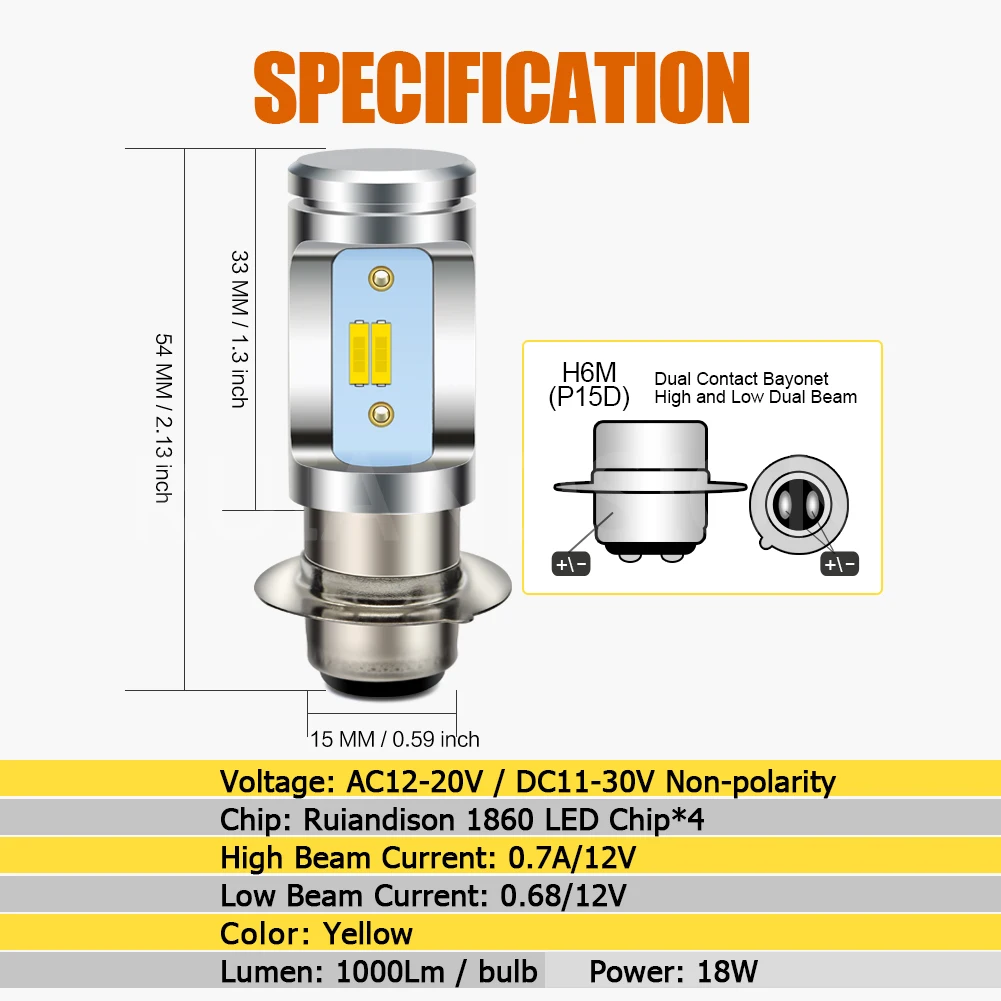 RUIANDSION 18W H6M P15D P15D-25-1 LED Motorcycle Headlight Bulb Motorbike Headlamp AC12-20V/DC11-30V White Yellow High/Low Beam