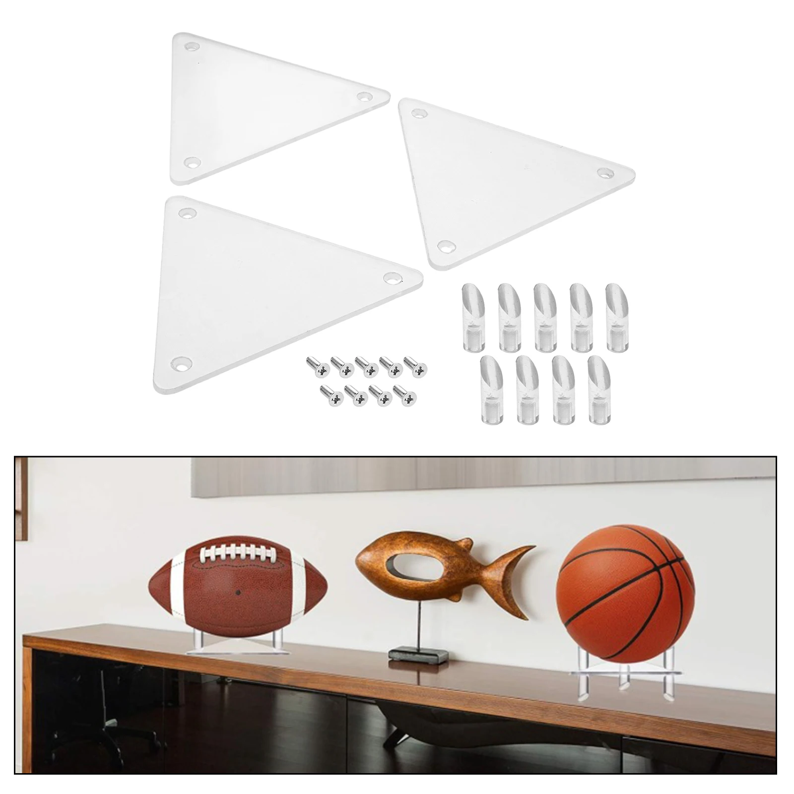 3pcs Acrylic Ball Display Stand Transparent Detachable Triangular Holder Organize Basketball Football Volleyball Rugby Balls