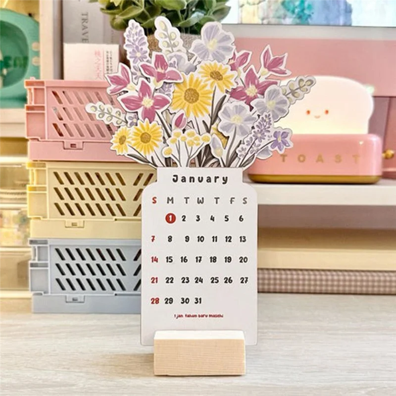 2024 Desk Calendar With Base Flower Small Desk Calendar MDF 2024 Desk Calendar Planner, Desk Planner