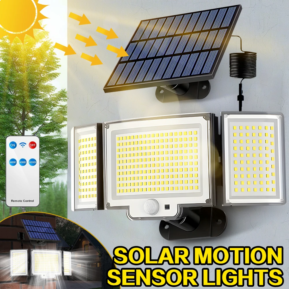 Solar Lights Outdoor, 3 Heads Solar Motion Sensor Lights, Waterproof Solar Powered Security Flood Lamp,Super Bright Illumination