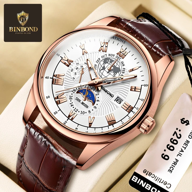

BINBOND 3982, популярные мужские часы, водонепроницаемые светящиеся часы, кожаный календарь, кварцевые часы с фазой Луны для мужчин, Reloj Hombre