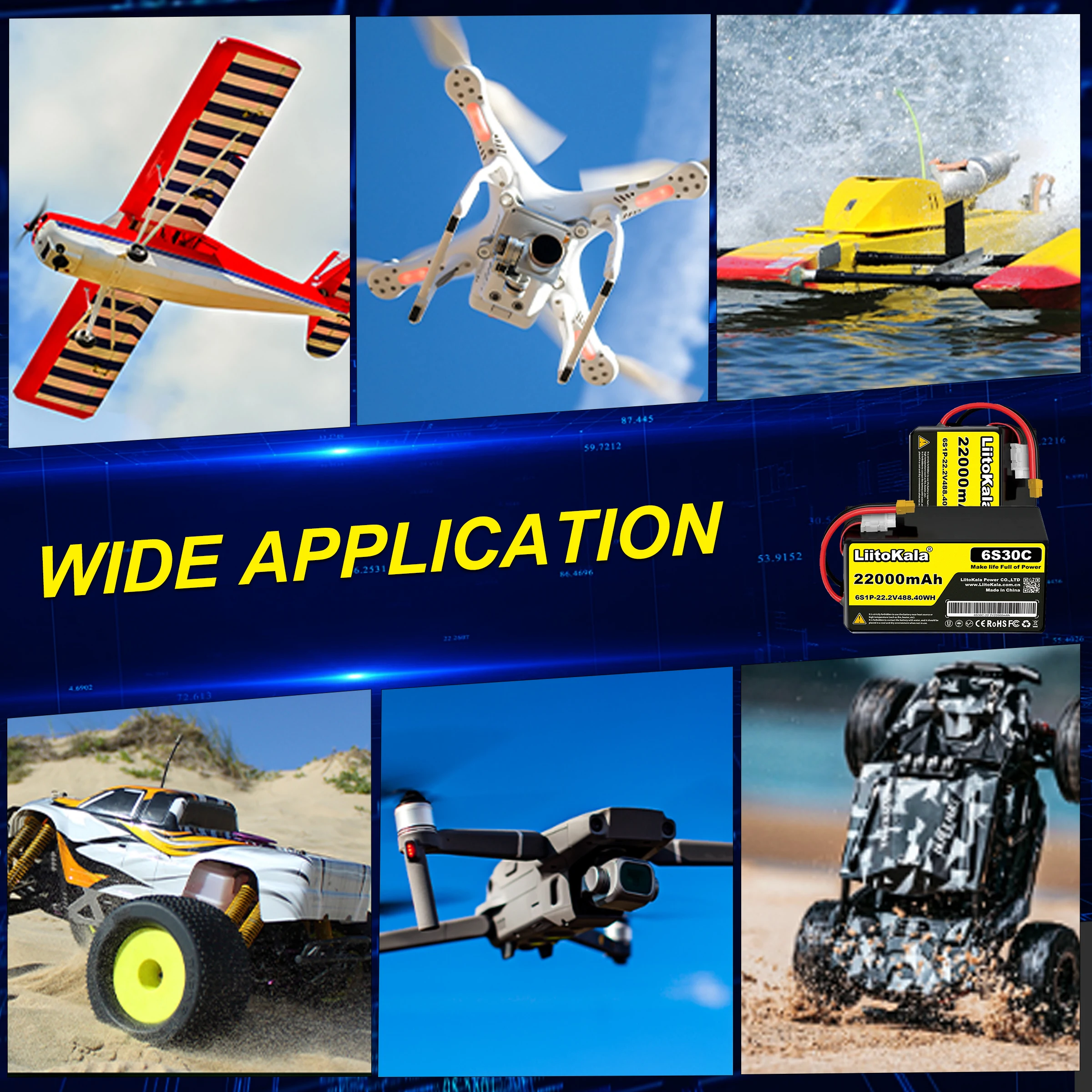 LiitoKala 6S 22.2V 30C 22.2V 22000mAh リポバッテリー 大型模型ヘリコプター、航空機、実験用ロボット、ダイナミクス用