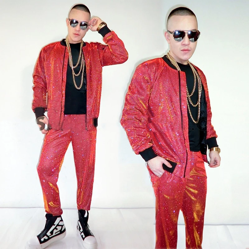 Bling Red Sequins Long Sleeves Jacket Hip Hop Pants For Men Jazz Dance CLothing Dj Ds Gogo Costume Stage Outfit Clubwear XS5328