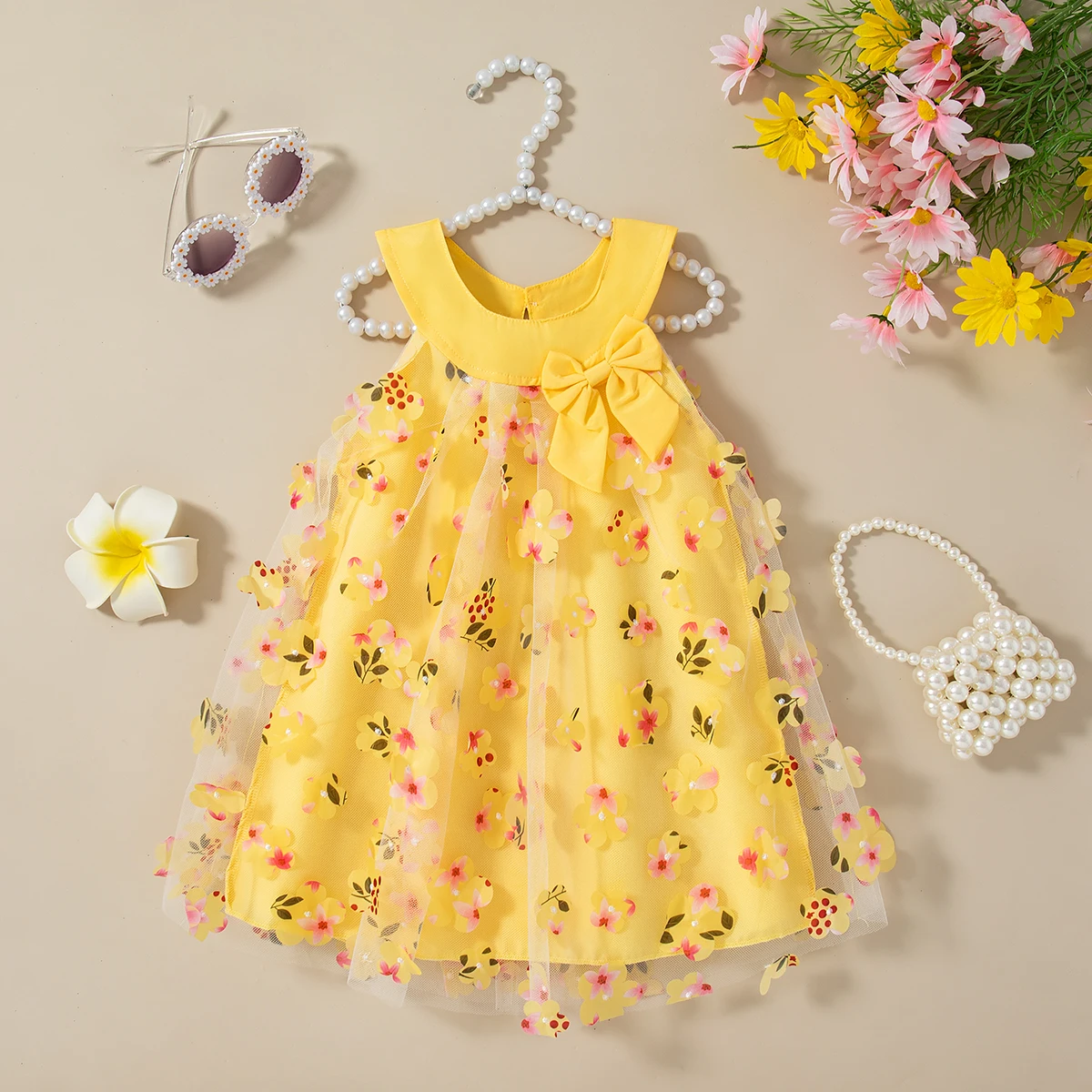 (0-3 Years) New Summer Girls Dress Halter Floral Floral Mesh Bow Round Neck Sweet Princess Dress Birthday Party Party Dress