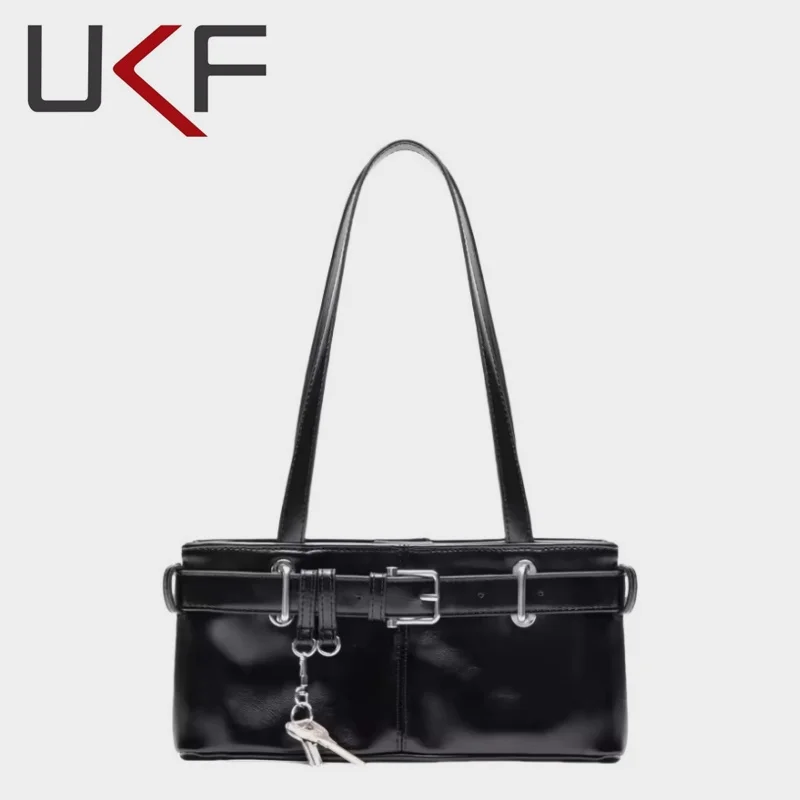 

UKF New Retro Versatile Underarm Bag Luxury Shoulder Bag Square Horizontal Handbag Wide Belt Strap Design Motorcycle Bag