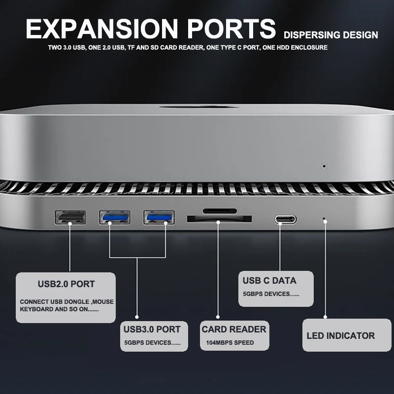 MAC 미니 독 스테이션 스탠드, 외부 저장 디스크 및 4 포트 USB C 허브 SD/TF 카드 리더, 2.5 인치 SATA SSD HDD 인클로저